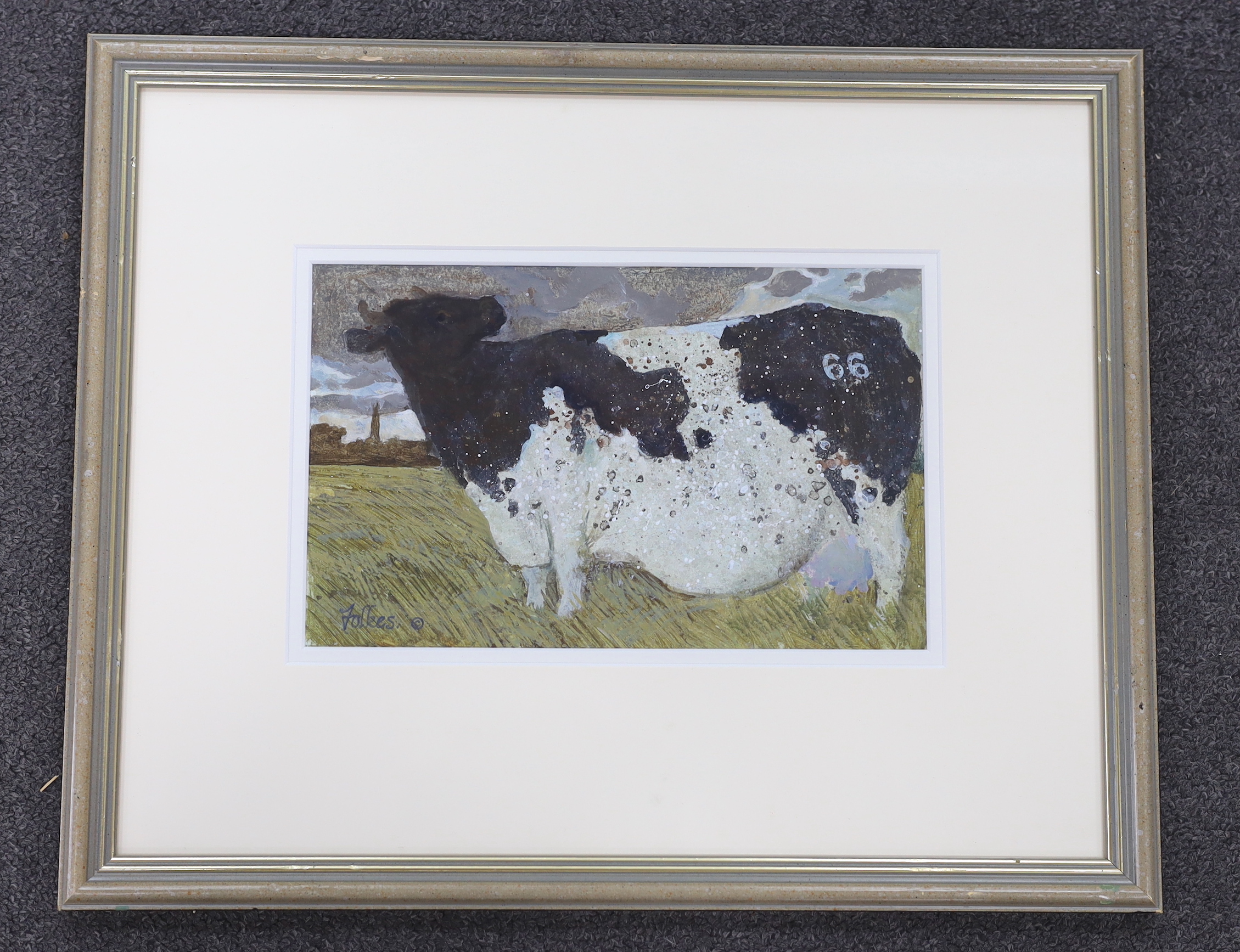 Peter L Folkes (1923-2019), acrylic, 'The cow that didn't want to be 66', signed, details verso, 15.5 x 25cm